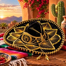 Vintage Pigalle Black Velvet Gold Sombrero Mariachi Charro Hat Mexico 18