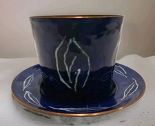 ​Vintage Blanchard Enamel On Copper Demitasse Teacup Saucer Set MCM Blue Leaf picture