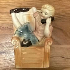 Vintage Ceramic Girl on Telephone Planter MCM Retro Kitsch Figurine Phone picture