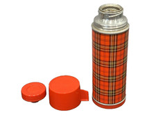 Vintage Aladdin Plaid Thermos Bottle Pint Metal & Glass Cup Screw Top # P25B picture