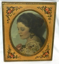 Beautiful Antique 1920s Hand Painted ROSES Corners Frame Tinted Lady Portrait picture