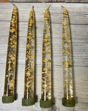 4 Vintage MCM Lucite Acrylic 8” Clear Taper Candles Gold Flecks Candlesticks picture