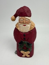Vintage Christmas Lancy Smith Carved Wood Santa Figurine Holding Wreath picture