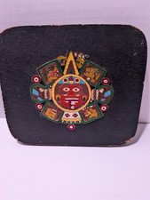 Vintage Enamel Hecho En Mexico Tonatuih Sun Wood Plaque picture