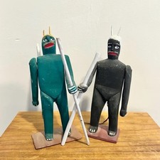 Vintage Primitive Wood Devil Figurines Pair Mid Century Folk Art Sculptures picture