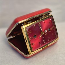 Vintage Elgin Wind Up Travel Alarm Clock Red Clamshell Case Day Date Works picture