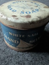 Vtg White Sail Hand Soap Tin  Blue with sailboat picture