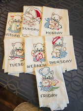 Vtg Hand Stitched Days of the Week Kitten Flour Sack Towels Monday-Sunday Set 7 picture
