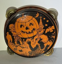 Antique Vintage Halloween Tin Litho Tambourine Noisemaker Decoration J Chein 30s picture