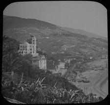 ANTIQUE Magic Lantern Slide COASTAL VILLAGE NEAR BORDIGHERA C1900 PHOTO ITALY picture