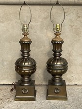 PAIR OF LARGE VINTAGE BRASS & WOOD PEDESTAL TABLE LAMPS HIGH END HEAVY 32.5” MCM picture