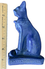 Blue Stone Egyptian Cat Figurine Seated Bastet Goddess Hieroglyphic Base Vintage picture