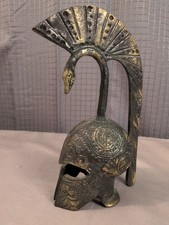 Vintage Greek Cast Bronze Metal Swan Spartan Helmet Hand Table Bell 8.5