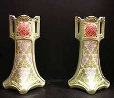 Antique French Mantle Vases. 1920's K & G Luneville. Hydrangeas.  Pale sage. picture