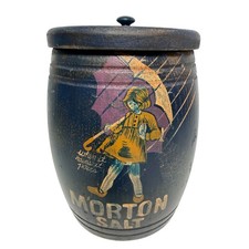 Vintage Morton Salt Wooden Barrel Canister Blue Umbrella Girl Primitive Decor picture