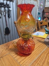 RARE Vintage L.E. Smith Amberina Moon & Stars Oil Lamp, Glows Under a UV Light picture