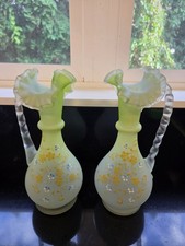 Pair Antique Victorian Green Satin Glass Ewers Hand Painted Enamel Vases 1890s picture