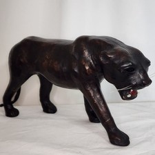 Vintage MCM Leather Wrapped Black Cat Black Panther Statue Figure picture