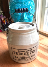 1890's Vintage H. A. JOHNSON Stoneware Preserves Fruit Jar Wire & Bail CROCK MA picture