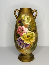 Antique Hand Painted Floral Double-Handled Vase picture