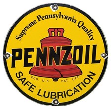 VINTAGE PENNZOIL PORCELAIN SIGN SAFE LUBRICATION SUPREME QUALITY MOTOR OIL picture