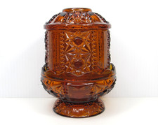 RARE Vtg INDIANA GLASS Stars & Bars Amber Fairy Lamp Candle Holder Tea Light MCM picture