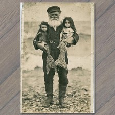 POSTCARD Old Sailor Bearded Fisherman Holding Two Mermaid Girls Beach Fantasy picture