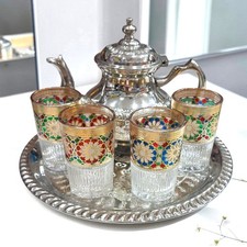 Moroccan Tea Set Silver Teapot 4 Glasses Tray 500ml Arabic Mint Tea Handmade picture