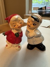 Vintage Japan Ceramic Christmas Boy And Girl Kissing On Cheek Salt And Pepper Sh picture