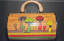 Vintage Garay Hand-Painted Wood Slat Mushroom Purse 1970s picture