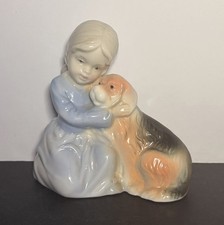Vintage Porcelain Girl Cuddling Hugs Dog Best Friend Figurine Sculpture 4 1/4