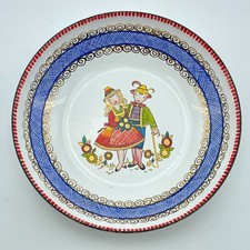 Vintage Austria Enamel Trinket Dish Folk Art Couple Handmade Metal Bowl 4.25in picture