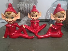 Vintage 1950's Ceramic Pixie Elf Figurine Set 3 Japan MCM Red Gold Heart picture