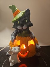 Vintage Ceramic Black Cat With Pumpkin & Mouse Lighted Halloween decor Lamp  picture