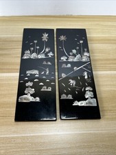 Vintage Asian Chinese Wall Art Panels Mother Of Pearl Black Lacquer Hanging picture