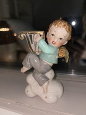 Vtg Napco Christmas Little Boy Angel Dancing on Starry Cloud W Harp Gold Wings   picture