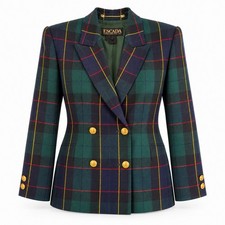 Vintage Escada Margaretha Ley Blazer Blue Green Plaid Gold Carriage Buttons Sz M picture