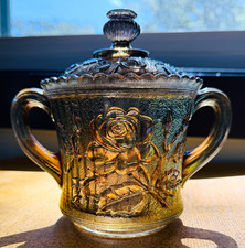 Vintage Imperial Glass Lustre Rose Carnival Glass Sugar Bowl With Handles picture