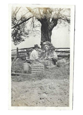 VTG B&W Photo Children Man Sitting Outside on Crates Western Farm Life picture