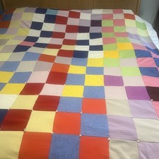 Vtg 1960's Polyester Fabric handstitched TRIP AROUND THE WORLD QUILT 80 X 82 picture