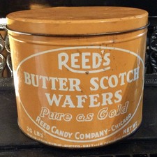 Vintage 1950 REED’S BUTTER SCOTCH WAFERS CHICAGO 8x10” 20lb Round Tin🚨RARE FLAW picture