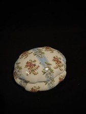 Vintage Floral Porcelain Trinket Box Lidded Keepsake Pink Roses Blue Ribbon picture