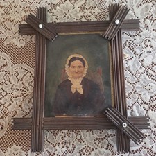 Antique Adirondak Tramp Art Wood Frame with Primitive Old Lady Print / READ picture