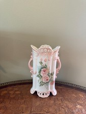 Vintage Schafer Hand‑Painted Porcelain Vase – Pink Floral – Ornate Cut‑Out picture