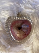 Vtg German Blown Glass Bumpy Silver Heart Shaped Indent Pink Reflector Ornament picture