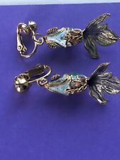 Vintage Vermeil Enamel Cloisonné Articulated Blue Gold KOI FISH Clip On Earrings picture