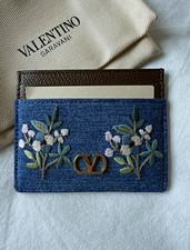 Valentino V-Logo Signature Card Holder In Denim/Leather with Floral Embroidery picture