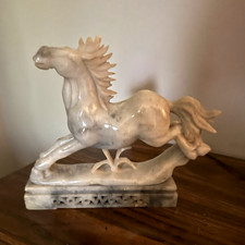 Carved Stone Horse Figurine Sculpture on Base, Polished Marbled White Gray picture