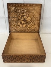 Antique Victorian Square Wooden Pyrography Hinged Handkerchief Box Poppy Floral picture