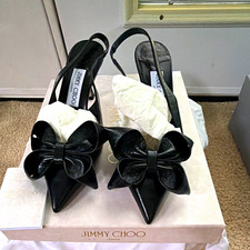 Jimmy Choo Black Leather Pointed Toe Bow Slingback Stiletto Heels US 8 picture